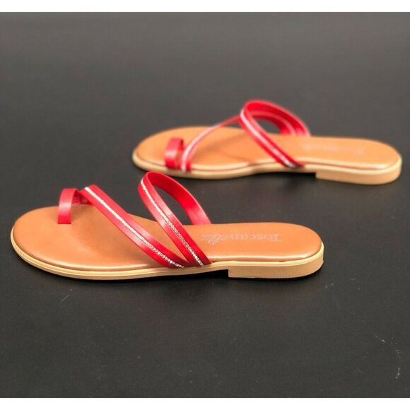 Toscanella Women's Slip-On Flat Sandals Size 6.5 Red Rhinestone Straps Summer - Picture 6 of 8
